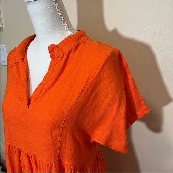 Vanessa Zani Orange Linen Midi Dress | Split Neck Short Sleeves | Made in Italy - Picture 2 of 11